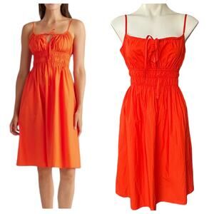 NEW Quince Midi Dress XS Organic Cotton Vermilion Red Orange Keyhole Milkmaid
